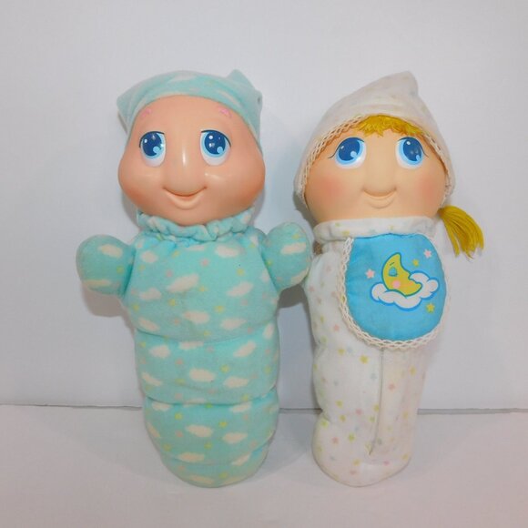 2 Vintage 80s Glo Worm Dolls Blue White Cloud Sleeping Awake Baby light up *READ - Picture 1 of 9